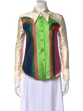 Harbison Colorful Satin Blouse 2 XS Long Sleeve Collared Designer Rare